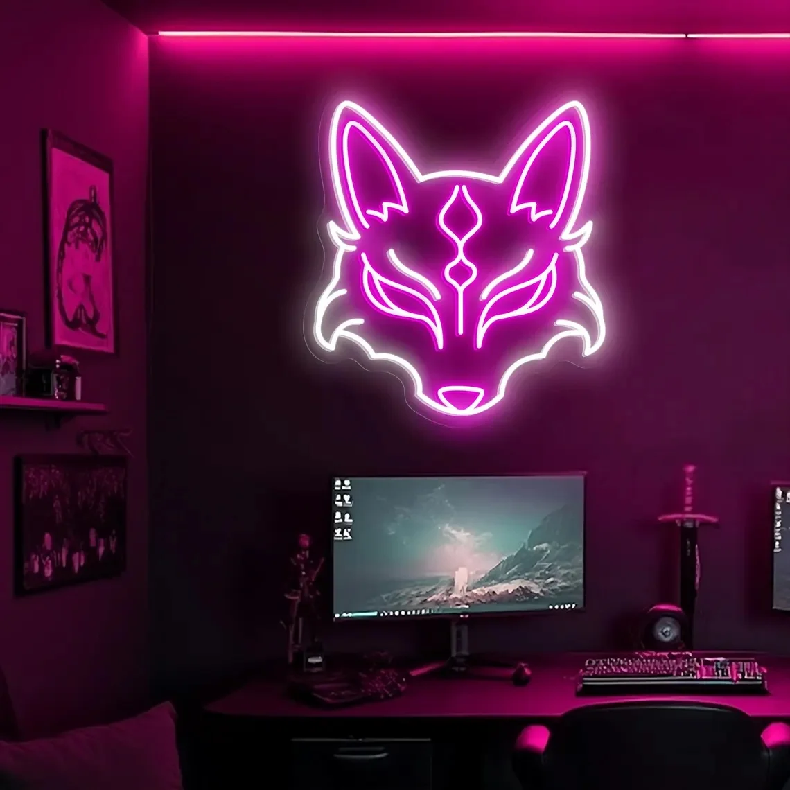 Maska Kitsune Neon Japoński Duch Lisa LED Dekoracja Ścienna Neonowy Znak Lis Neonowy Znak Anime Dekoracja Pokoju Neonowy Znak