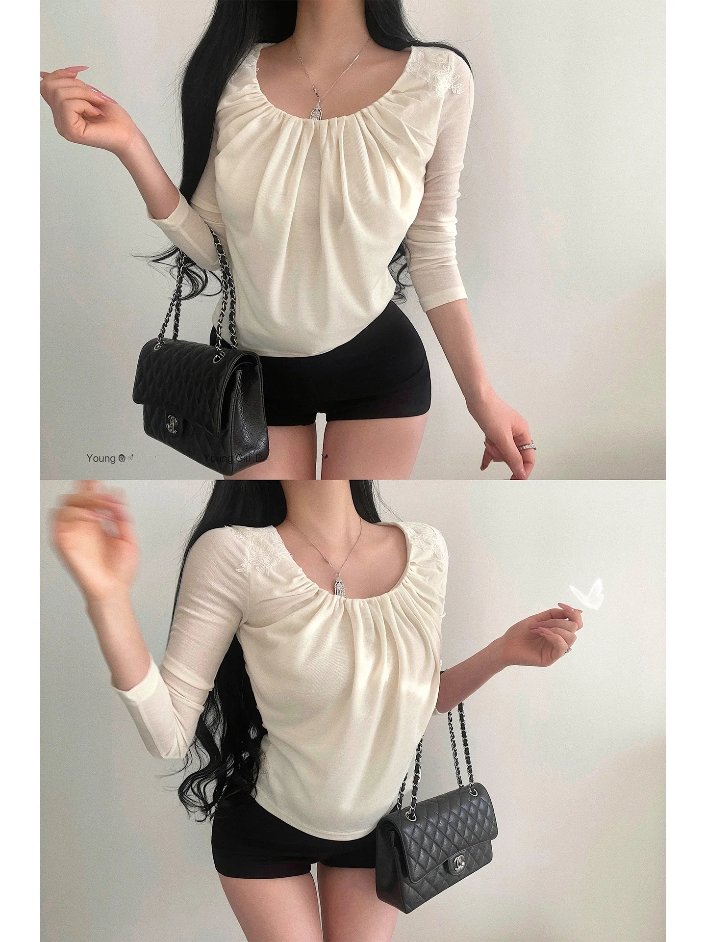 

Elegant Long Sleeve T-Shirt Women's Loose Fit U-Neck Lace Splicing Slimming Effect Daily Wear Comfortable Casual Top