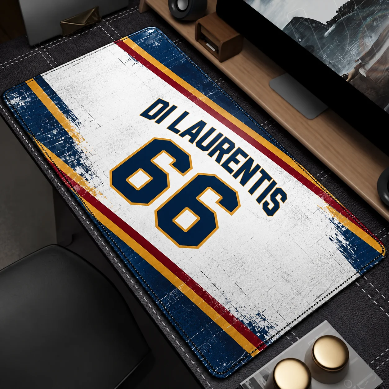 Large Vintage Hockey Jersey Style Desk Mat DI LAURENTIS 66 Retro Worn Texture Blue Red Yellow Striped Extended Mouse Pad