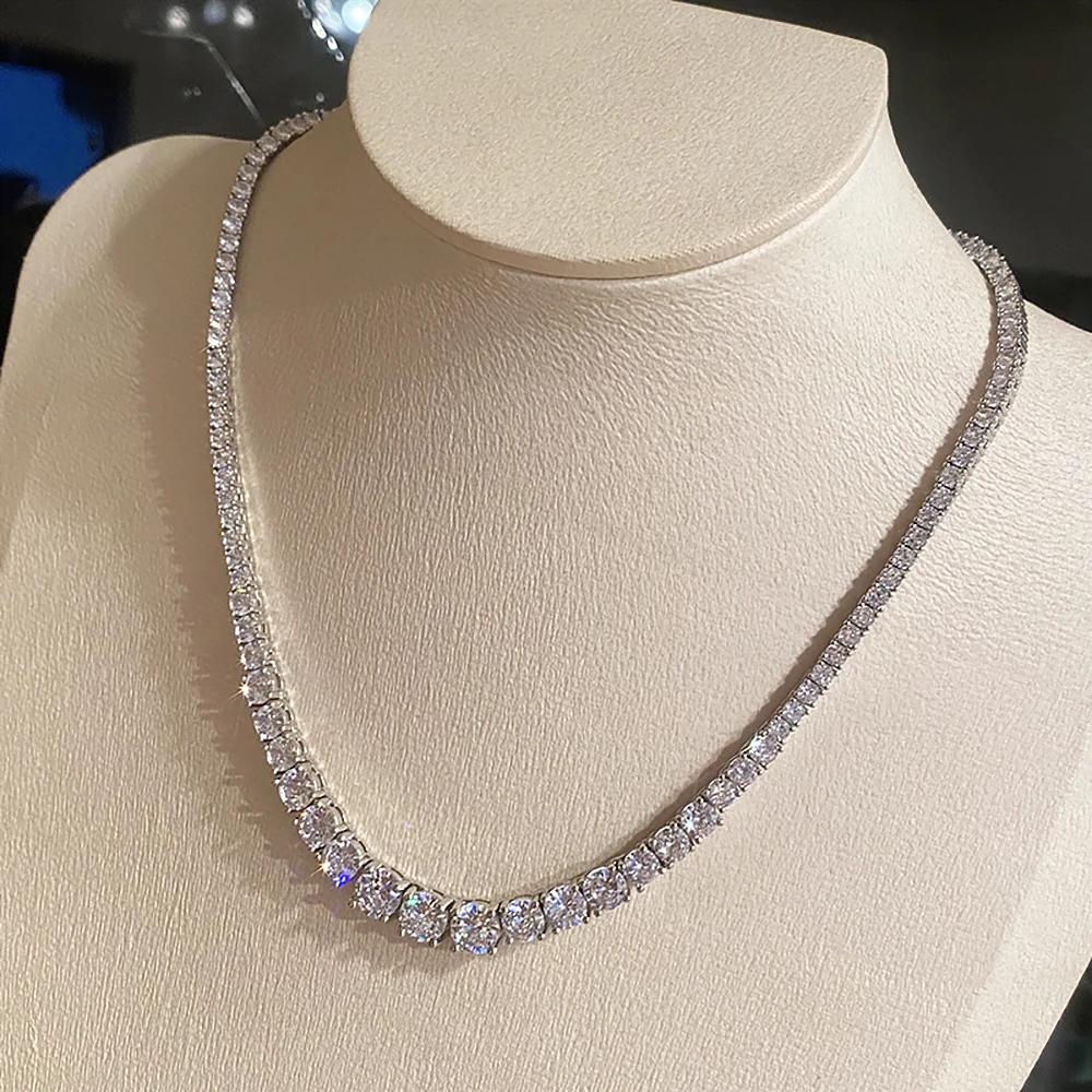 Women S925 Sterling Silver Anti-allergy Gradient Riviera Choker Tennis Necklace 3-5mm Round D Color VVS1 Moissanite Pass Diamond Tester With GRA Certificate Never Fade Luxury Bridal Wedding Daily Fine Jewelry Valentine Birthday Gift For Her
