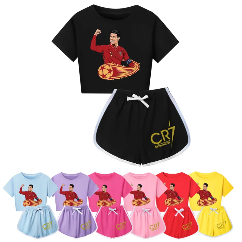 Summer CR7 Cartoon Sport Shorts Set Soft Pajamas Children Short Sleeve Set Summer Sport Clothes Girls Gift Gym Suit Gift