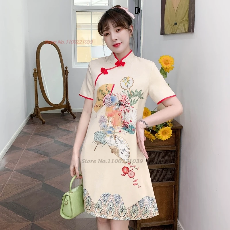 

2024 chinese improved cheongsam vintage dress national flower print sweet a-line dress oriental banquet evening folk dress qipao