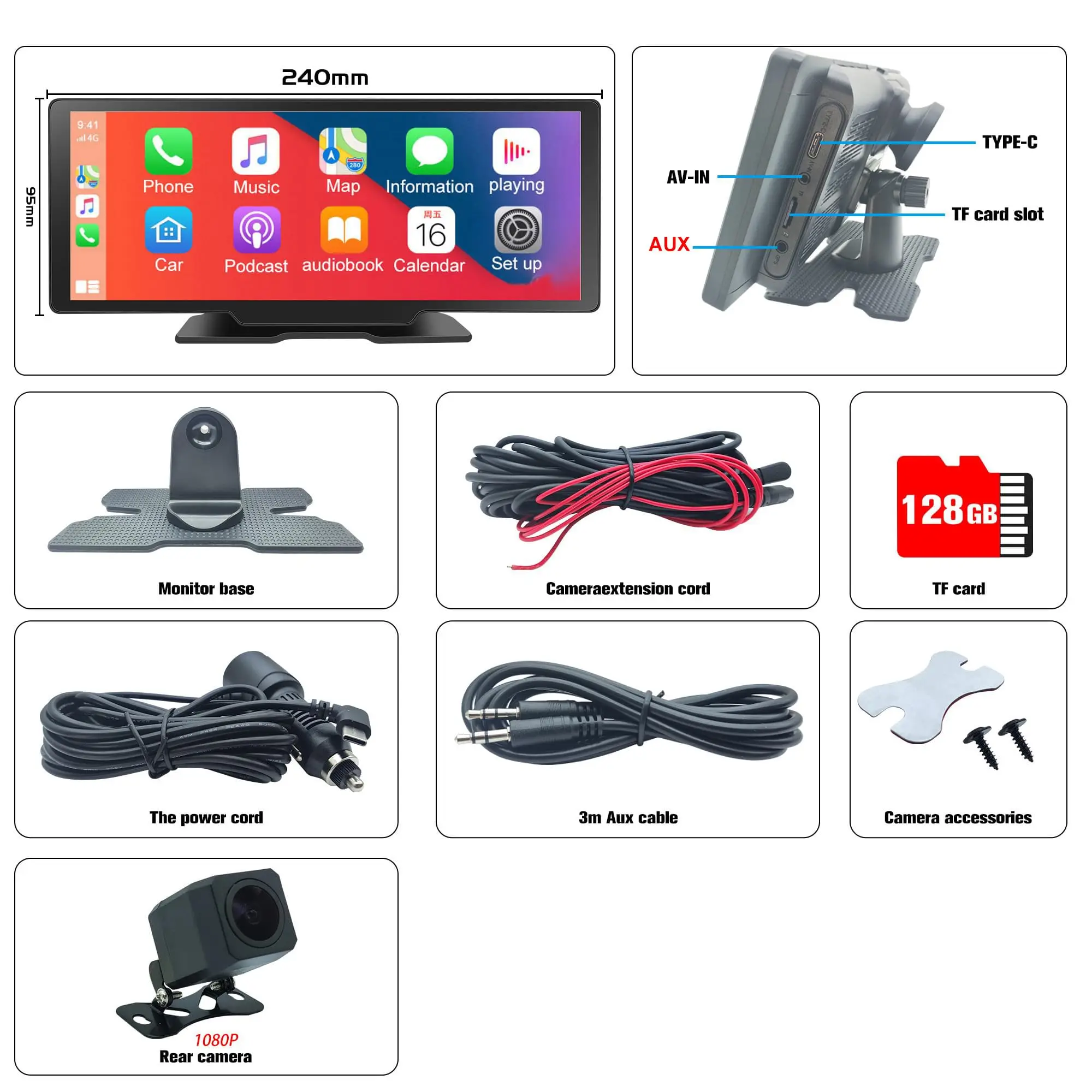 Carplay Nirkabel Android Auto, Carplay Stereo Android Carplay Bluetooth Putar Mobil AUX Layar Android Bluetooth 1080P + 2.5K Kartu SD