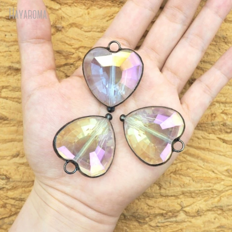 10Pcs Soldered Heart Point Gift For Her Handmade Jewelry Gunmetal Color Aqua Aura Black Glass Crystal Pendant PM50069