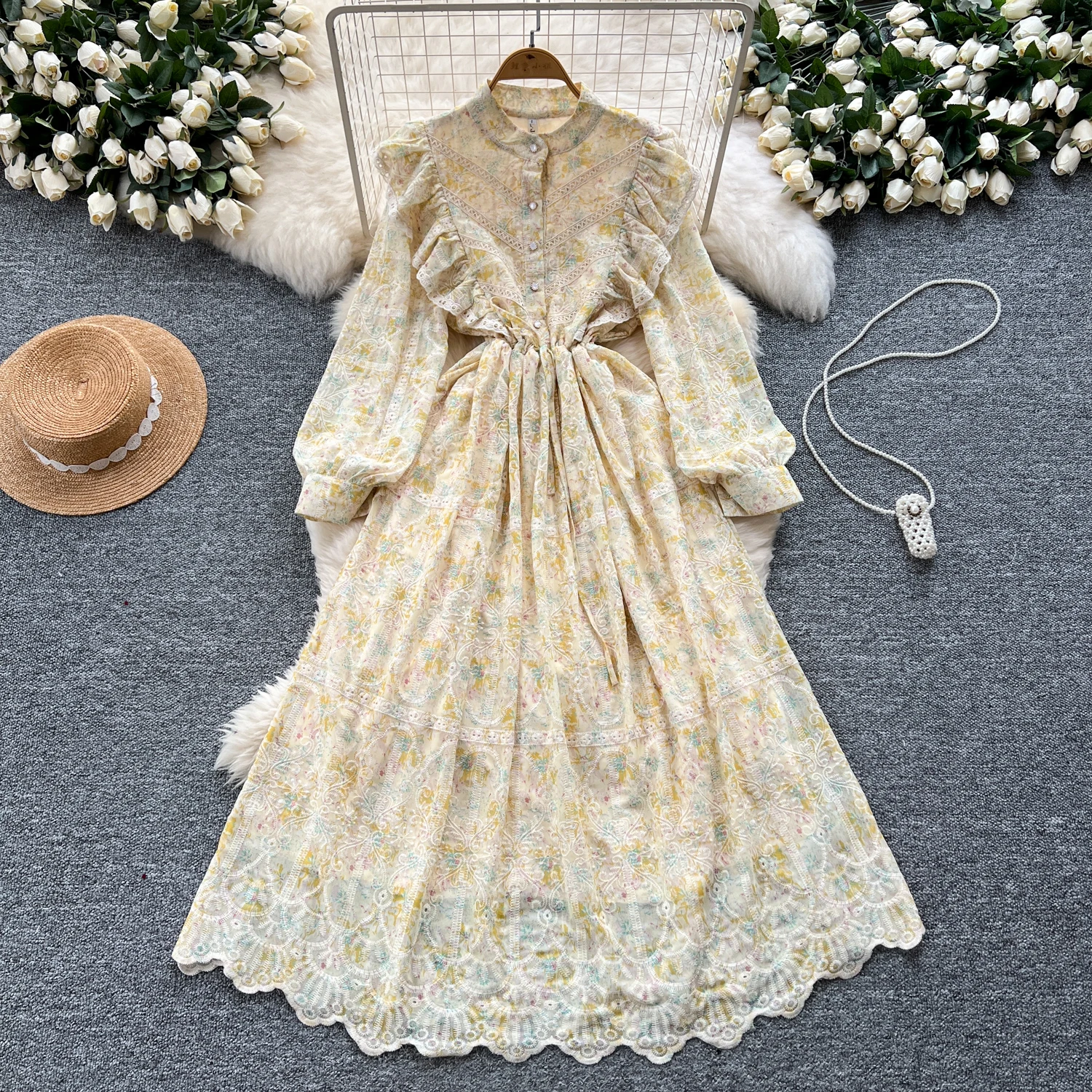 Elegant Long Sleeves Vintage O-neck Hollow Out Embroidered Slim Long Dresses French Evening High Street Autumn Winter Clothing