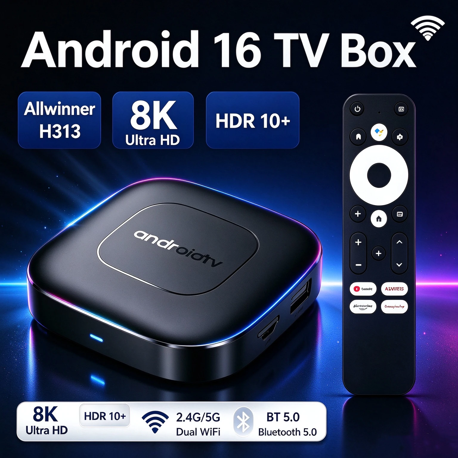 Android 16 TV Box Allwinner H313 8K HDR10+ 2.4G 5G Dual WiFi Bluetooth 5.0 Smart TV Box Media Player Remote Control Set Top Box
