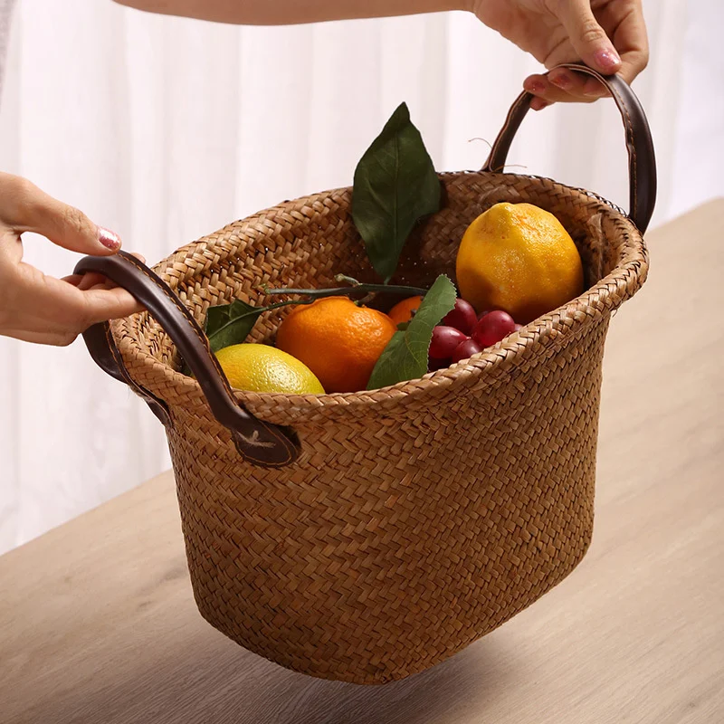 Seaweed Wicker Basket Rattan Seagrass Storage Basket Hanging Flower Plant Pot Basket Toy Laundry Basket leather handle