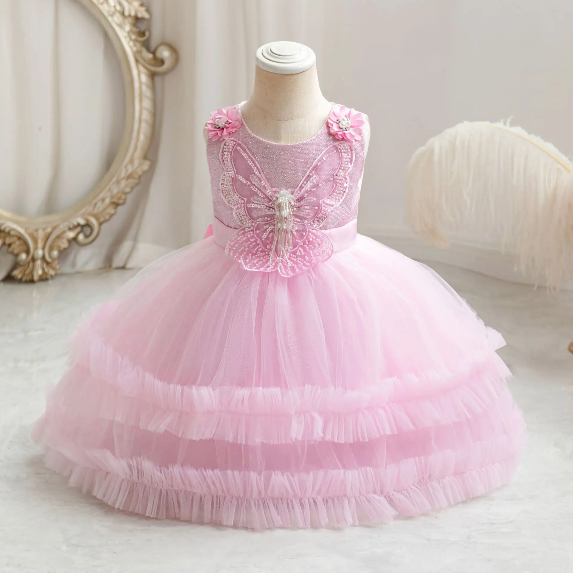 Baby Toddler senza maniche farfalla Appliqued Flower Girls Birthday Party Pageant Toddler Formal Dress TT103