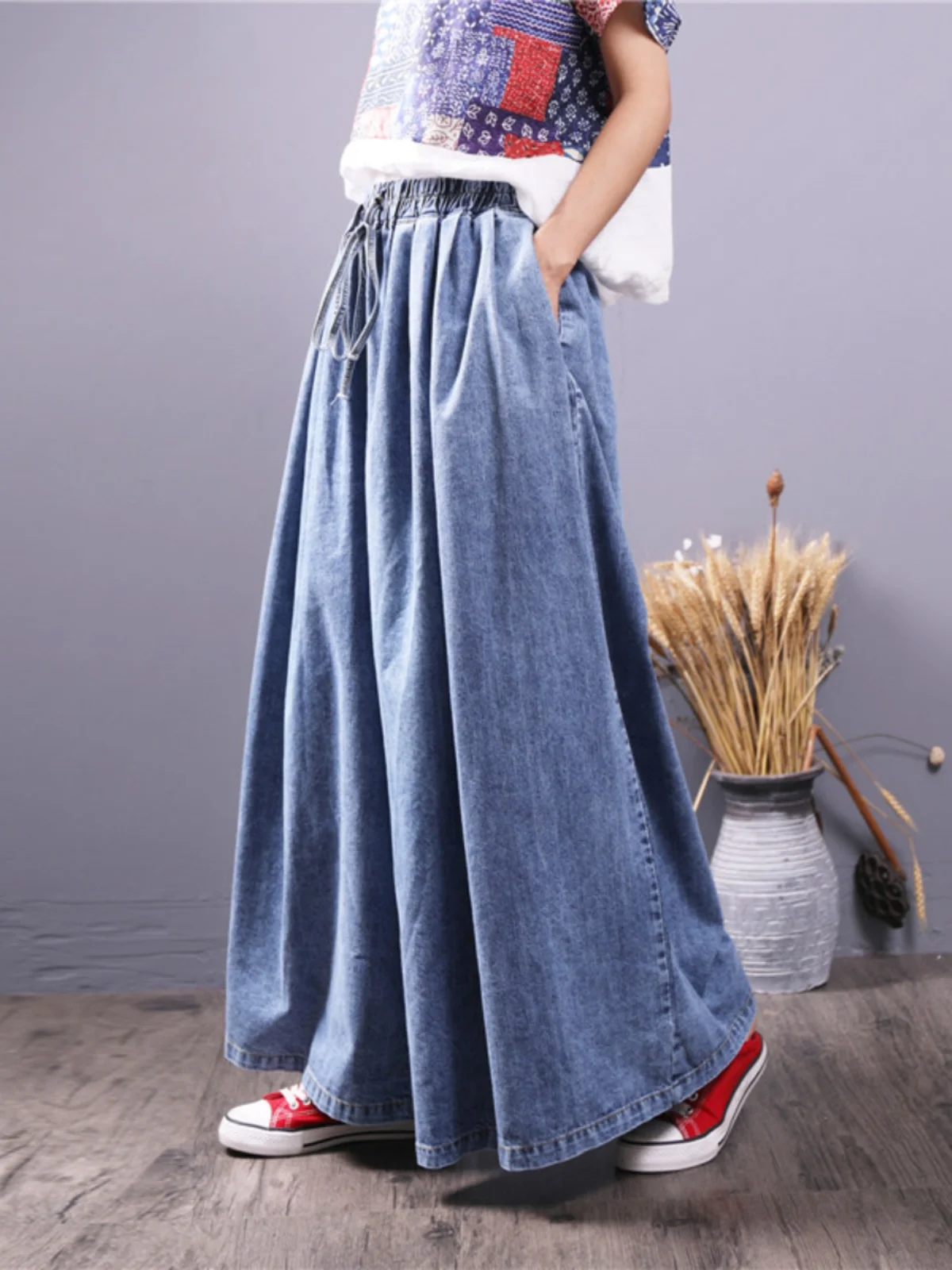 

High Waist Wide Leg Lantern Jeans Women's Loose Fit Nine Point Skirt Pants Cotton Stretch Denim High Waist Wide Leg Jeans