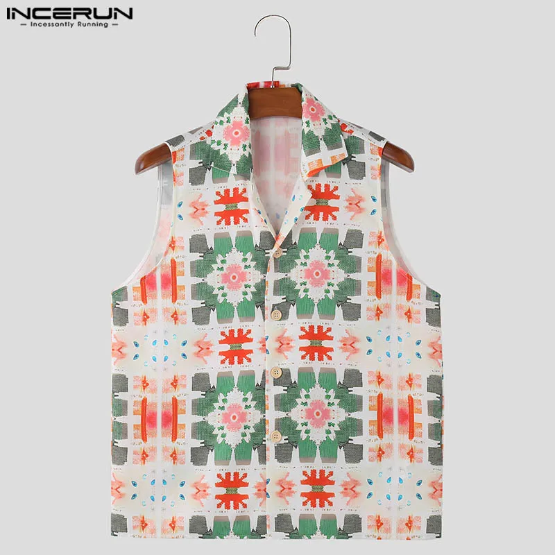 INCERUN Men Shirt Printing Lapel Sleeveless Button Summer Casual Men Clothing Streetwear 2024 Vintage Leisure Male Shirts S-5XL