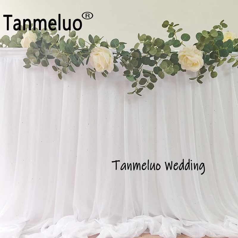 White Table Skirt Extra Long Sheer Tablecloth for Backyard Wedding Sweetheart Main Table Birthday Party Cake Table Decoration