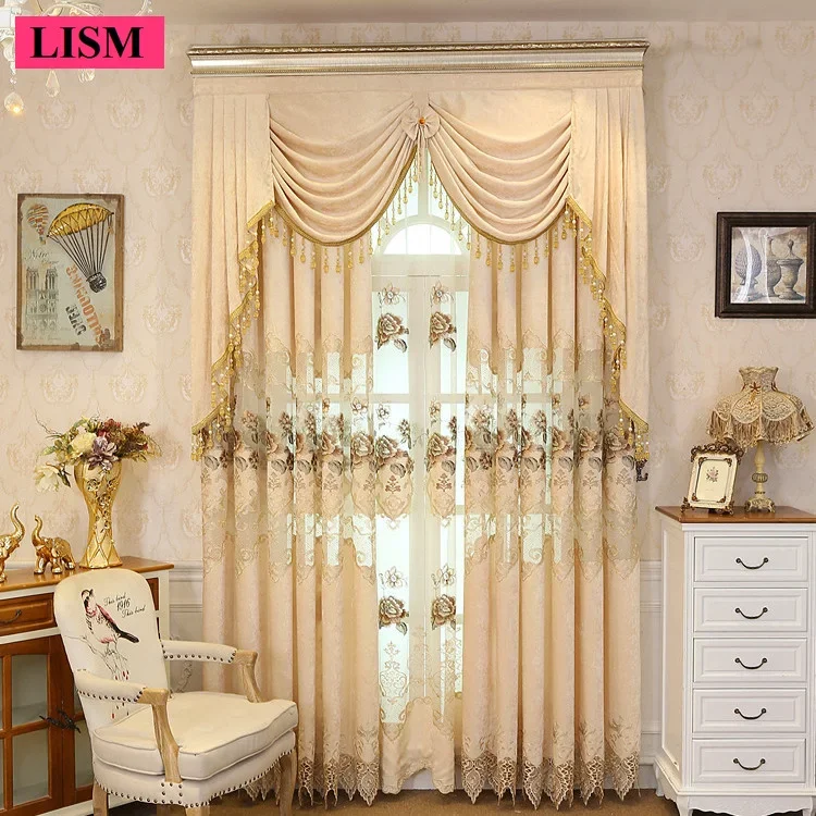 High-end Luxury Chenille Curtains for Living Room Bedroom European Hollow Embroidery Beige Villa Blackout Decor Custom Tulle New