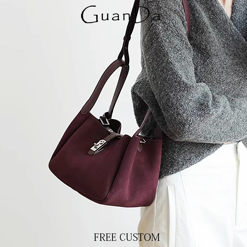 Custom Letters Luxury Design Woman Shoulder Bag Suede Leather Fashion Handbag Lady Vintage Versatile Large Capacity Bucket Bag