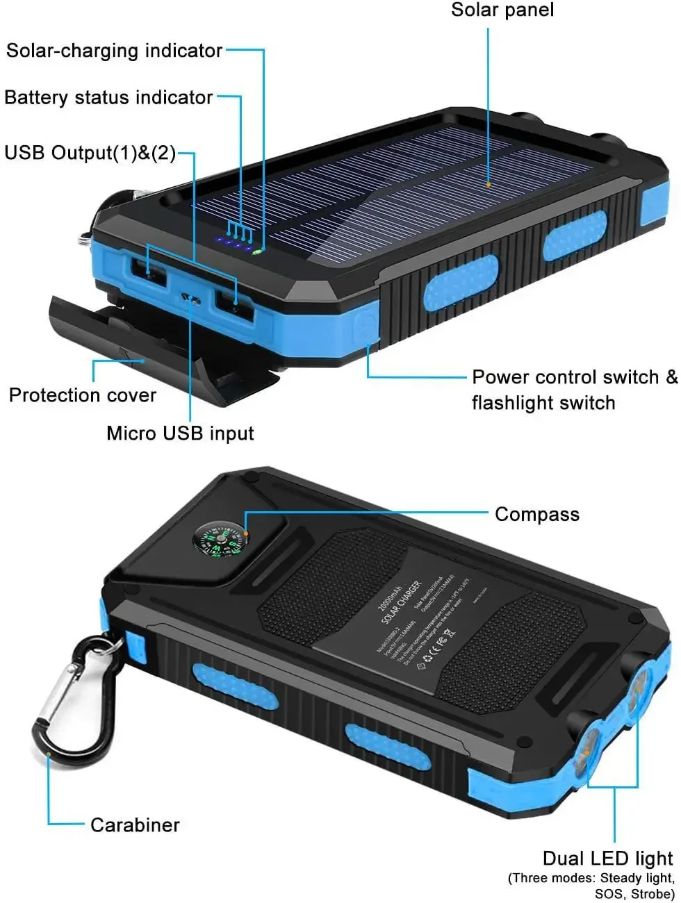 

Waterproof outdoor 20000mAh Solar Power Bank iOS/Android USB fast charge dual charging (solar/Type-C) portable for camping