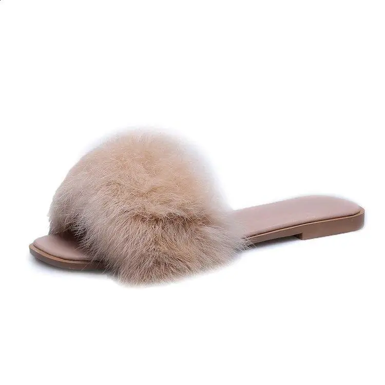 Slippers Casual Shoes For Girls Big Size Rubber Flip Flops Slides Fur Sliders Slipers Women Square Toe Low Luxury Lady Flat Summ