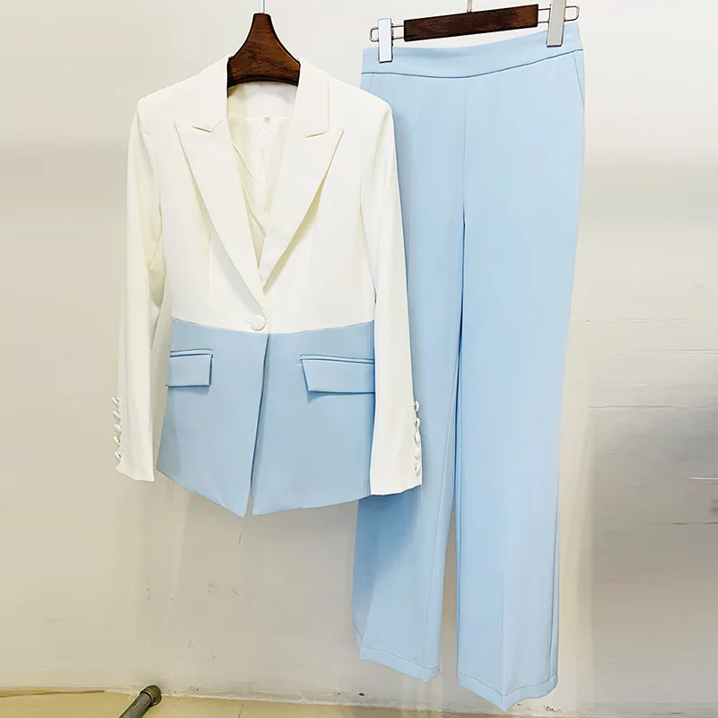 Fall Design Women Street Wear Fashion Tailored Suits Contrast Color Office Lady Quality 2 Pieces Pants Sets