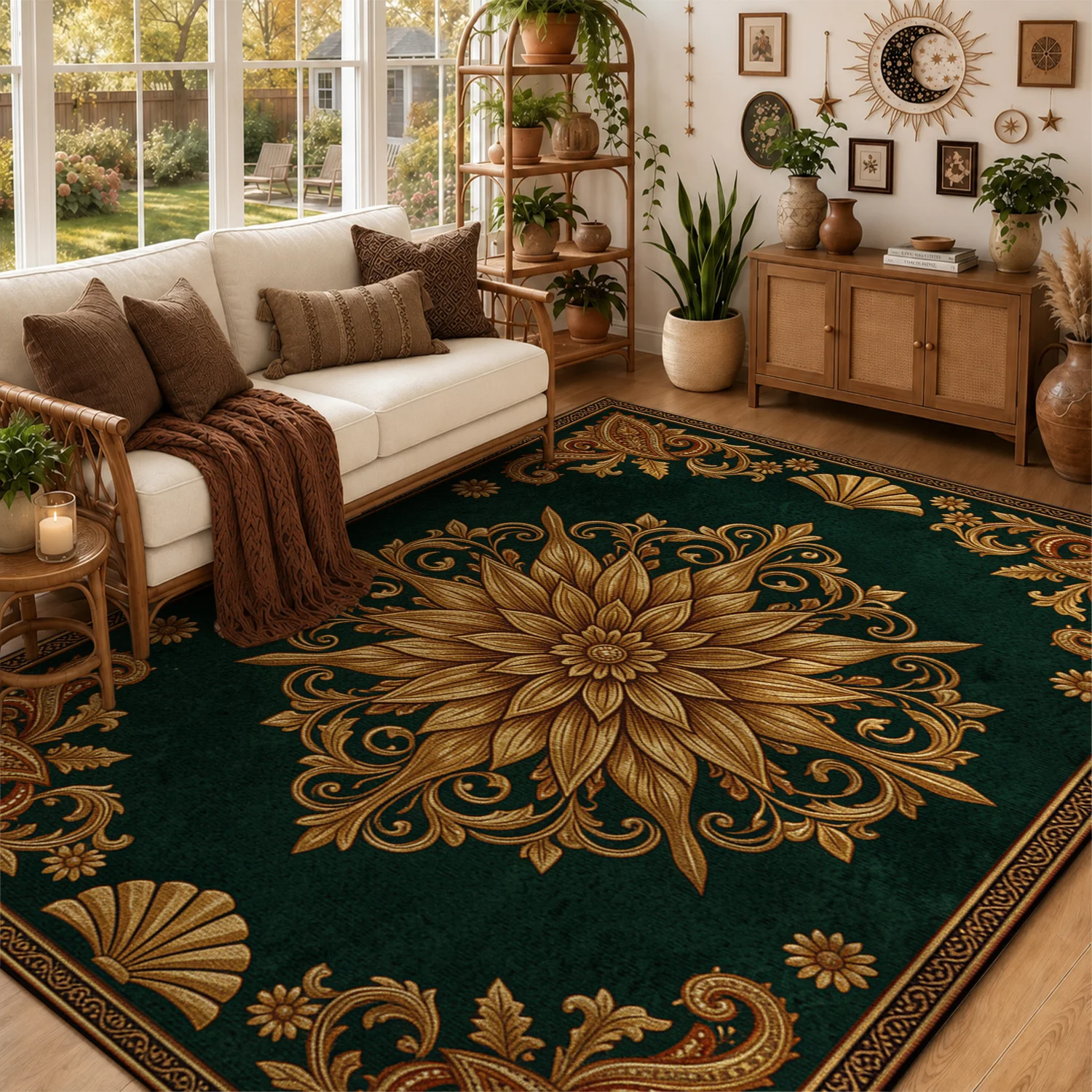 Luxury Gold Floral Ornamental Area Rug Velvet Machine Washable Soft Floor Decor for Living Room Bedroom Dining Room Halloween Thanksgiving Christmas New Year Accent