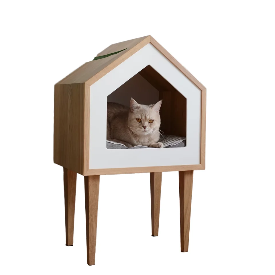 Premium Solid Pattern Oak Wood Cat House Cat Tree Pet Cot Bed Indoor Pet Furniture Design