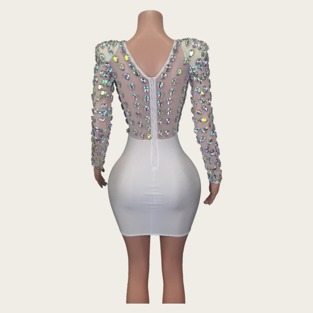 Fashion Long Sleeves White Crystal Rhinestone Hip Wrapped Night Gown Sexy Casual Elegant Women Club Prom Party Dress Stage Wear