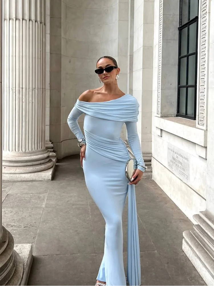 

Однотонное платье макси на одно плечо с шарфом, женское элегантное плиссированное облегающее платье с длинными рукавами, Vestidos, 2024, летние каникулы, вечерние платья