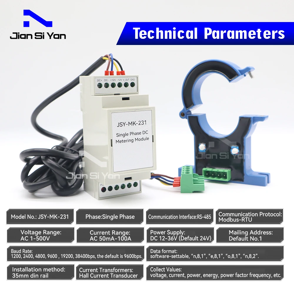 JSY-MK-231 Single Phase DC Energy Meter Module 2P Size 35mm Din Rail Power Energy Metering With 100A Hall Sensor