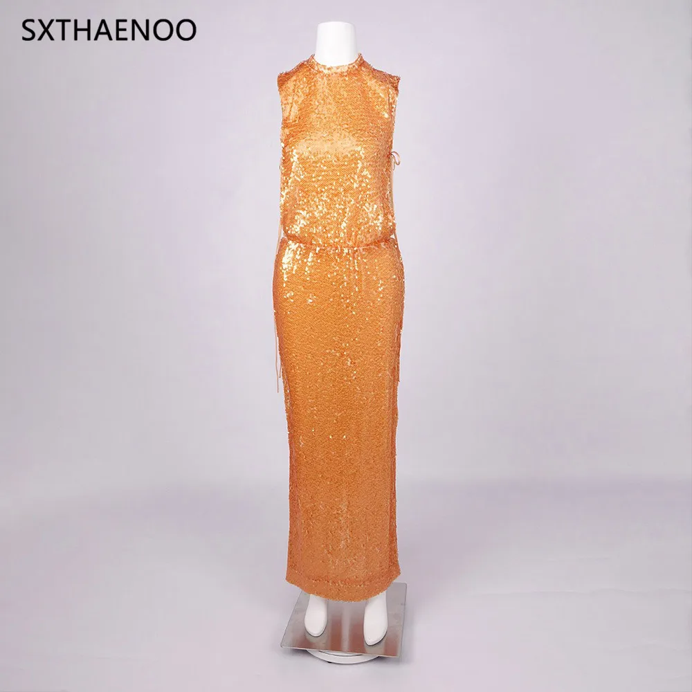 SXTHAENOO فساتين طويلة بدون أكمام ترتر ذهبي براقة فستان رسمي متألق للحفلات والسجادة الحمراء ملابس نسائية أنيقة 2025 #4