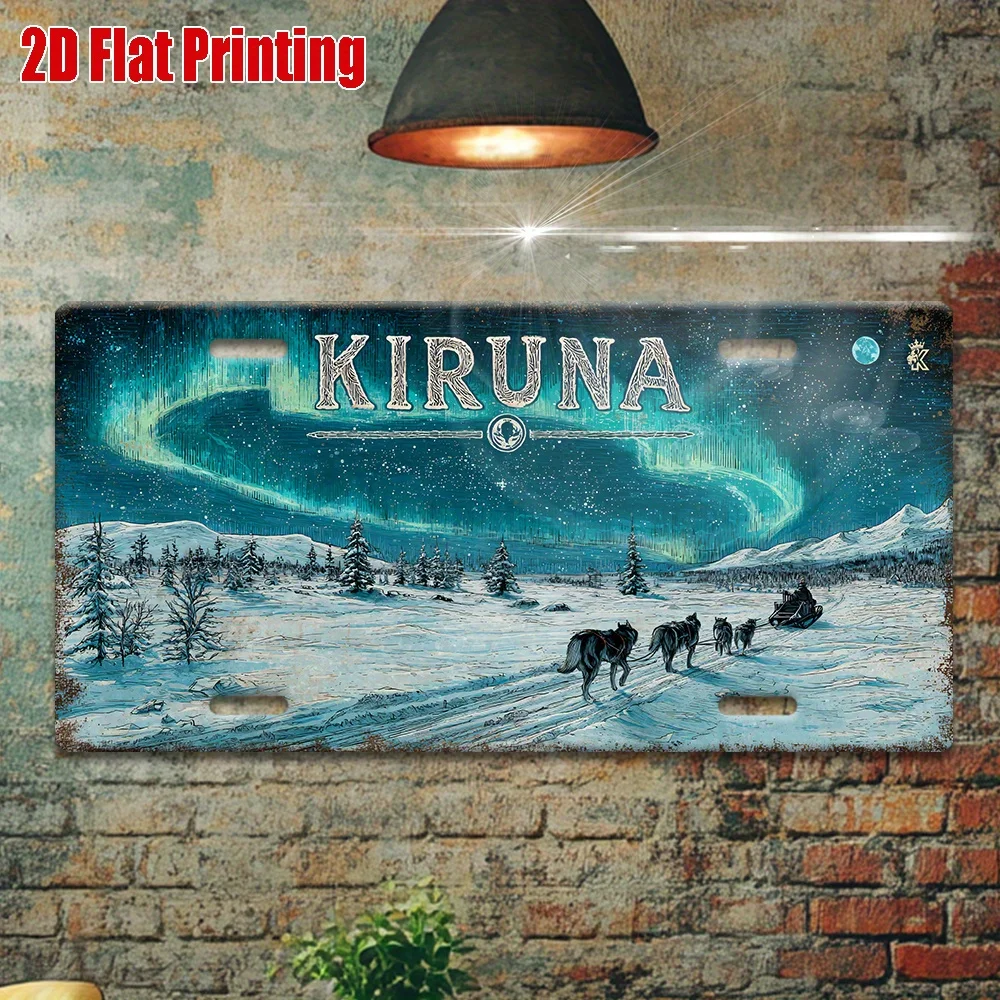 Placa de Metal Vintage Durável AL Kiruna Northern Lights Dog Sled - Decoração de Parede para Casa, Escritório, Bar e Caverna do Homem