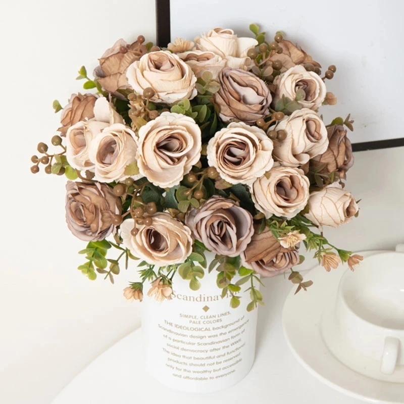 Rose Artificial Flowers Bouquet Silk Roses Wedding Home Table Decoration Arrange Fake Plants Valentine's Day Present Supplies