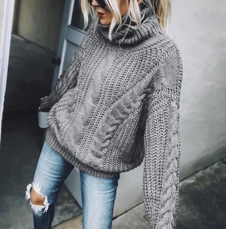 

Women's Vintage Turtleneck Sweater, Thick Knit Pullover with Splice Detail, Casual Full Sleeve Solid Jumper for Winter 2025