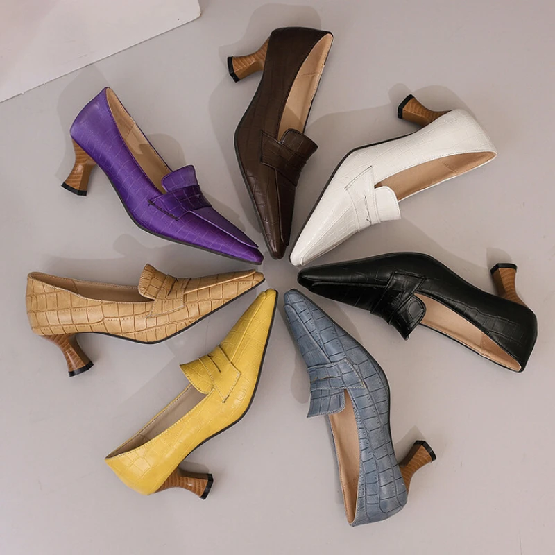 

Women's Pointed Toe Block Heel Shoes Fashion Elegant Leather-like Loafers Style High Heels for Party Work biggest 46 47 48 49 50