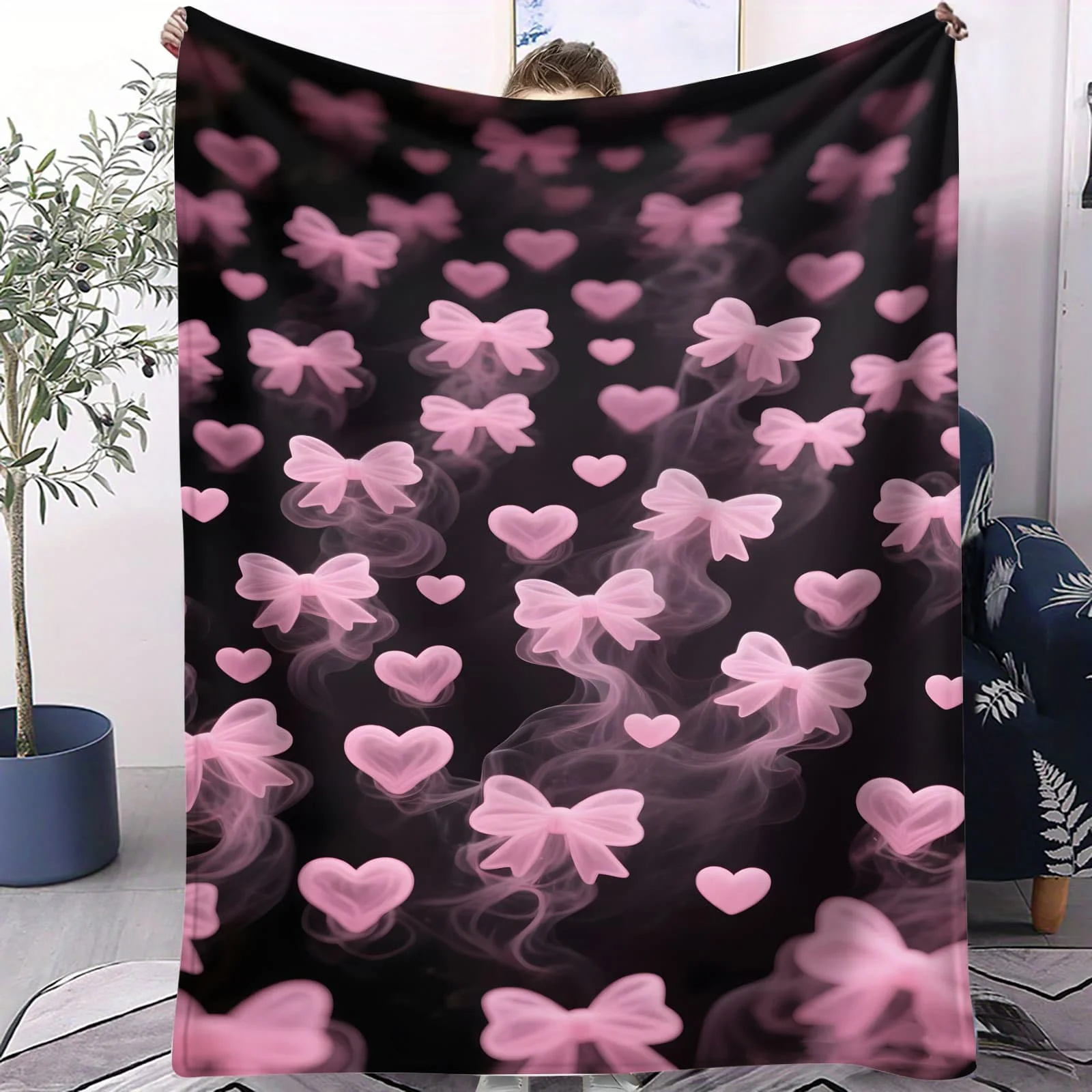 Coperta in pile floreale con fiocco a cuore rosa - Morbido motivo dolce per divano da camera da letto, angolo per ragazze, ideale per i fan dei bambini Kawaii