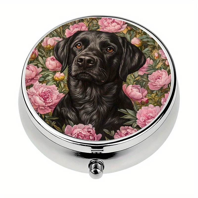 1-Pack Three-Compartment Pill Box, Peony Flower and Black Labrador Dog Themed Mini Pill Box, Pill Storage Box, Portable Pill Box, Can Be Placed in a Pocket or Wallet