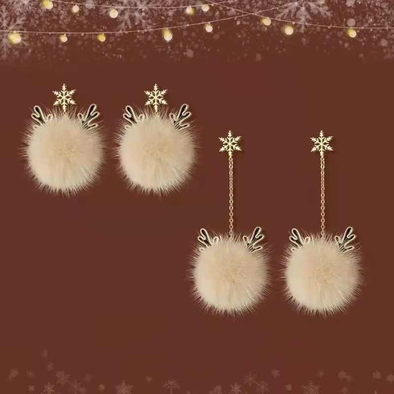 Snowflake Antler Hair Ball Earrings New Style 2021 High-quality Autumn and Winter Christmas Gift Ear Jewelry Wholesale