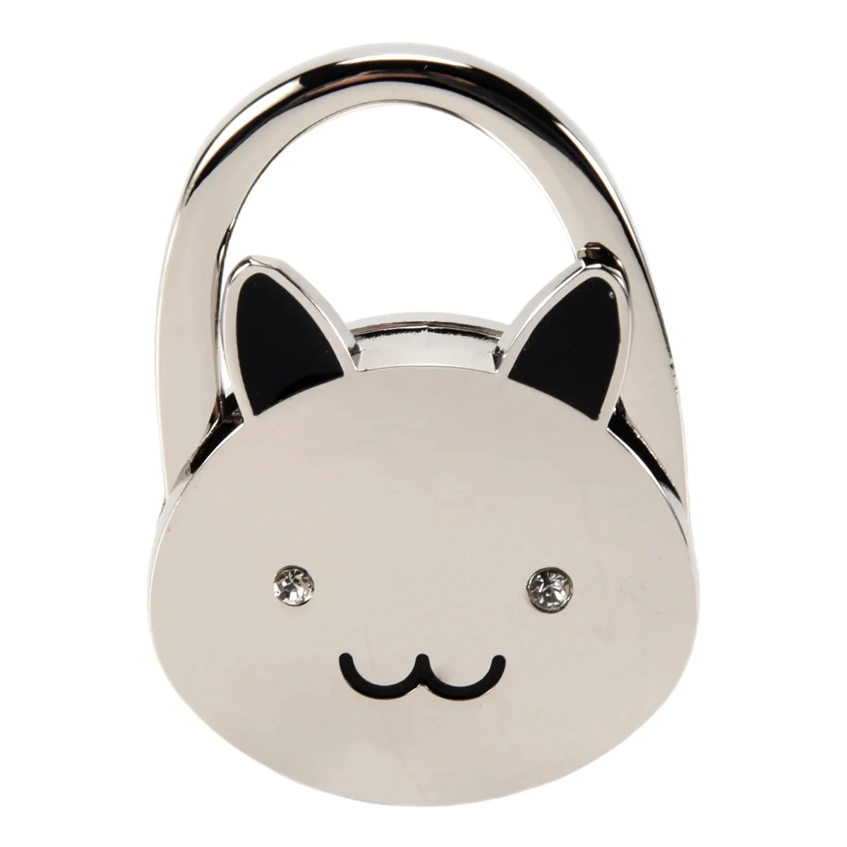 Fine! Black Cat Cartoon Foldable Silver Tone Handbag Hook Antislip Rubber Base