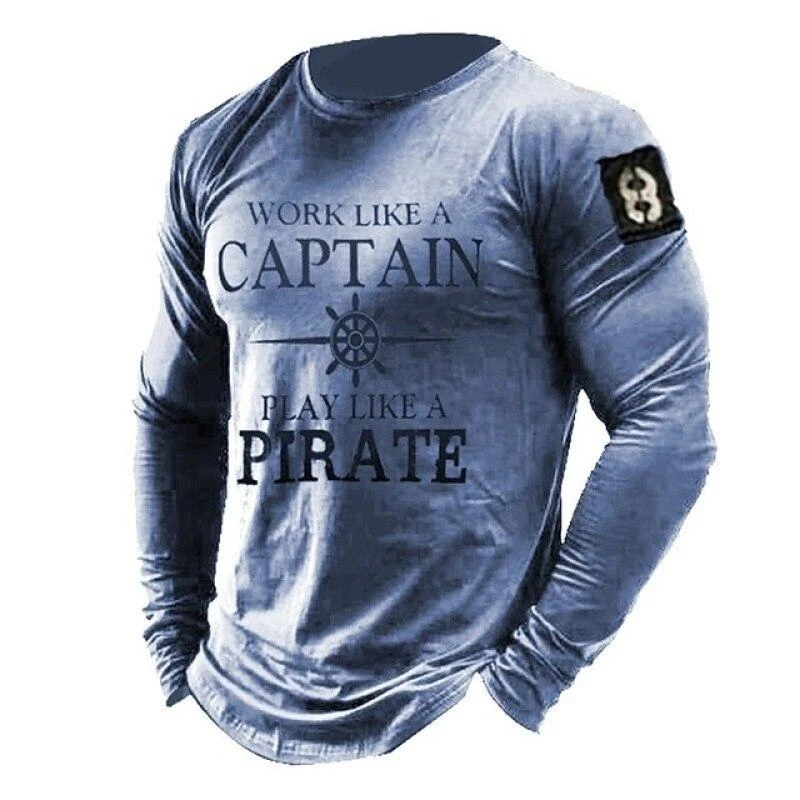 Vintage Compass Sailboat Pattern Long Sleeve T Shirt Fashion Casual O Neck T-shirt Spring Autumn Loose Casual Mens Clothing