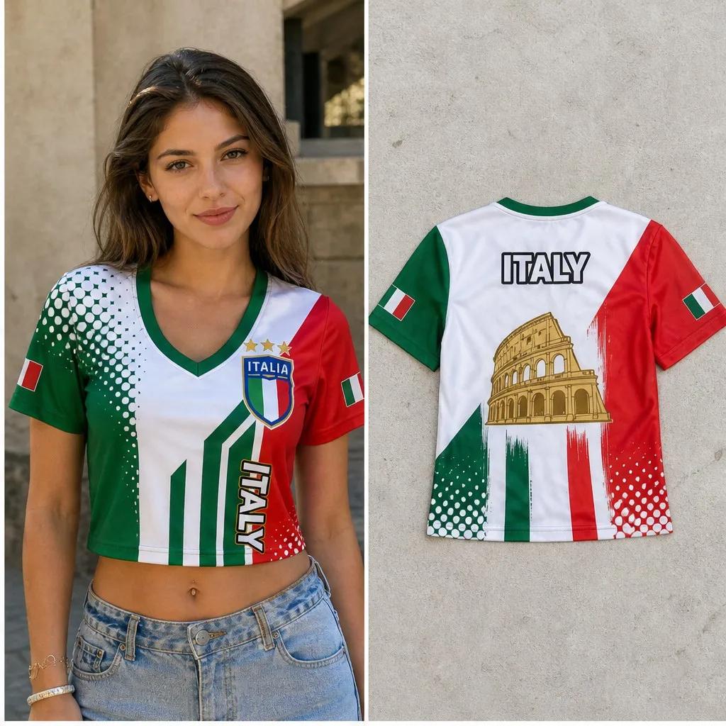 Women Italy V Neck Crop Top Colosseum Crest Dot Print Short Sleeve Summer Street Travel Casual Fashion Tee Modern Outfit Fashion