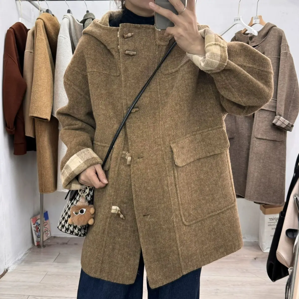 

High End Hooded Cow Horn Double-Sided Wool Coat For Women, Autumn And Winter 2025 New Retro Small Woolen Loose Jacket