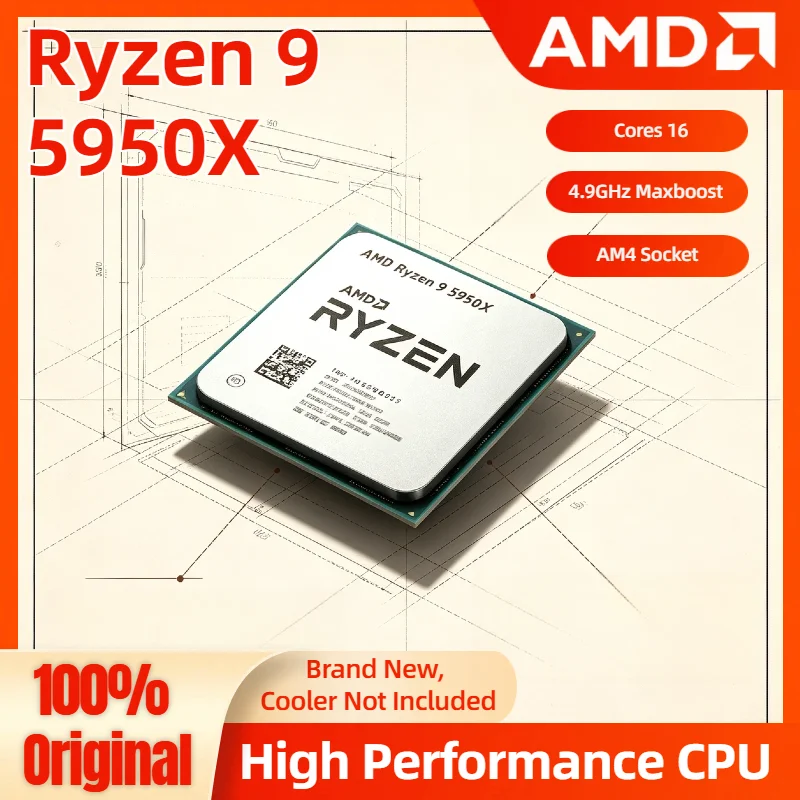 Socket AM4 AMD Ryzen 9 5950X Nuevo, 16 Núcleos, 3.4 GHz, Serie Ryzen 9 5000, Vermeer Zen 3, 105W, Socket AM4, 16 Núcleos, 32 Subprocesos