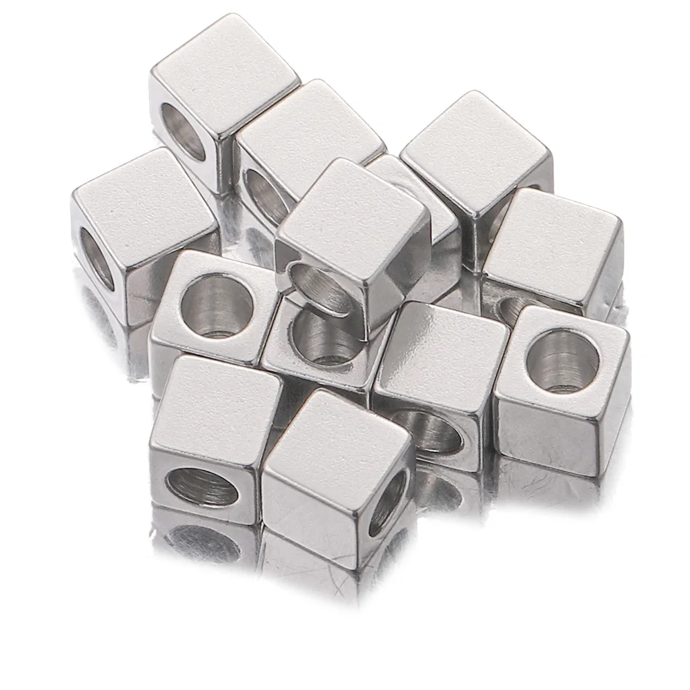 50Pcs Lot 3/4/5/6mm Hole2mm Stainless Steel Cube Bead Spacer Square Loose Beads for Needlework Jewelry Making Bracelets Waist