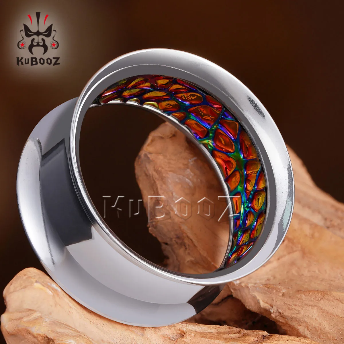 KUBOOZ Unisex Punk Double Flared Edelstahl Ohrstreckerschlaufen, schillernde Crackle-Innenohrtunnel, 2er-Set Piercing-Schmuck – Detail 9