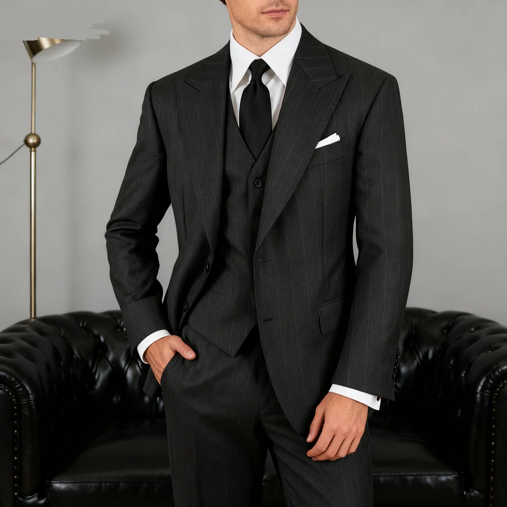 

Men's Classic Terno Suit Dark Grey Stripe Formal Office Wedding Groom 3-Piece Blazer Vest Pants Set Business Attire