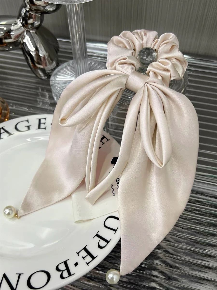 Imitation Silk Champagne Color Scrunchies Hair Ties with Bows Satin Hair Ribbon Pearl Pendant Ponytail Hair Accessories