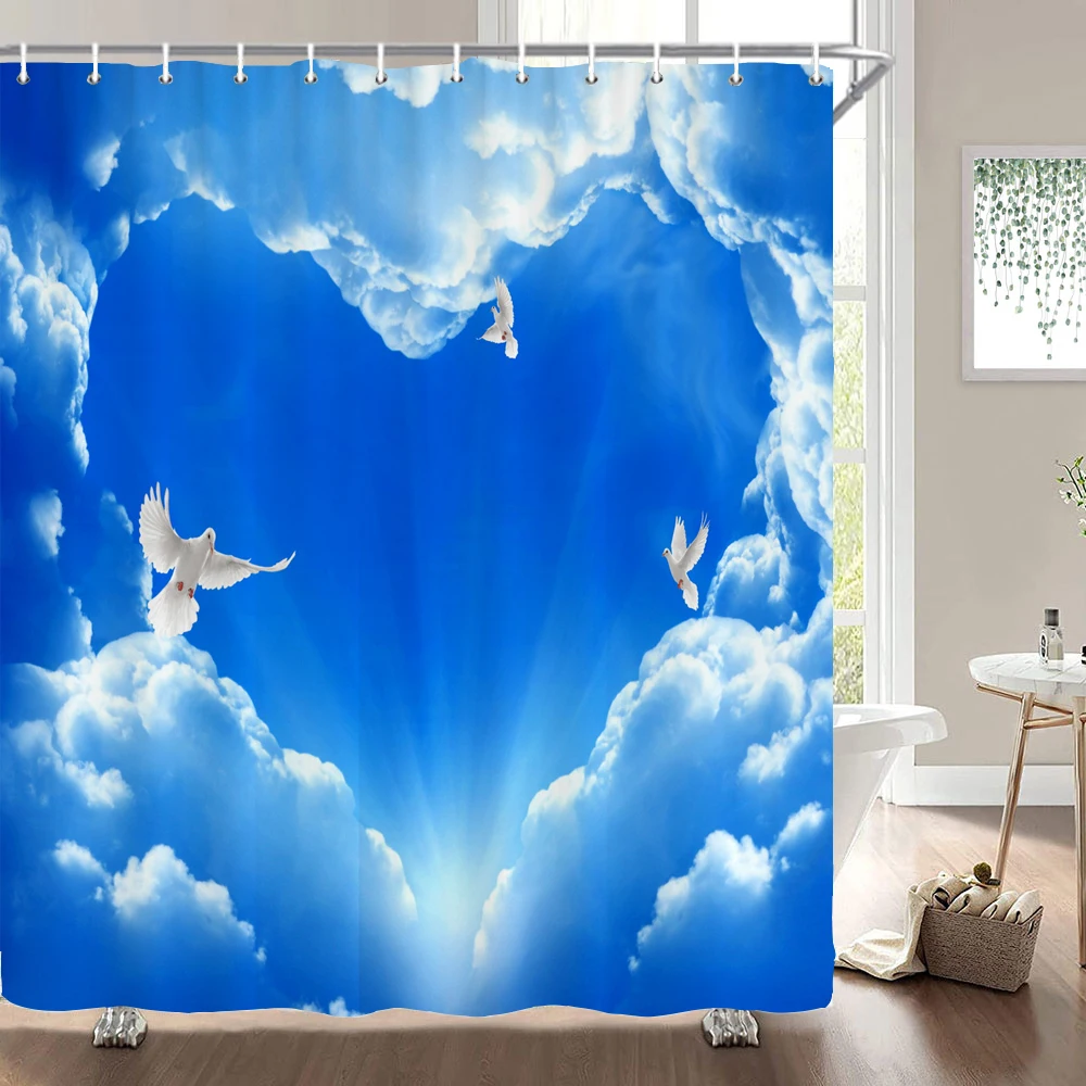 Bathroom Shower Curtain Waterproof Bath Curtains Sunny Blue Sky and Clouds Scenery Printed Bathing Partition Curtain With Hooks