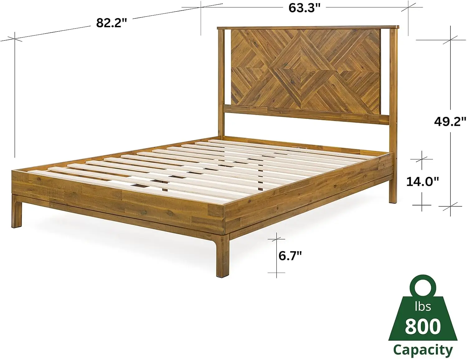 Ethan Solid Wood Queen Bed Frame with Diamond Headboard - Rustic & Mid-century Modern