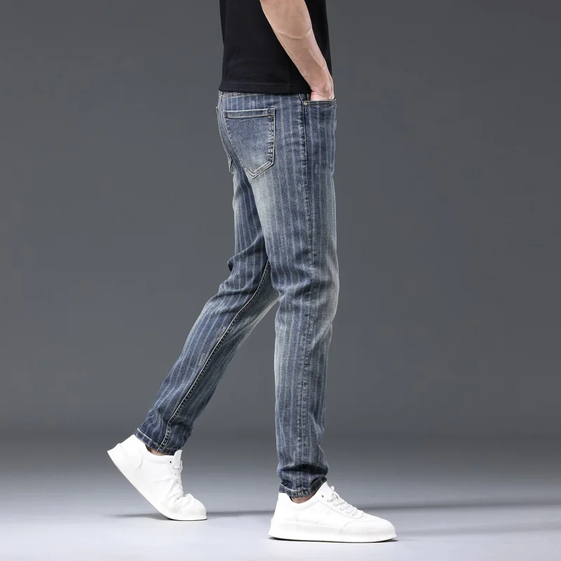 Vintage Blue Line Printed Jeans Men's Slim Straight Stretch All-Matching Street Fashion Casual Skinny Pants