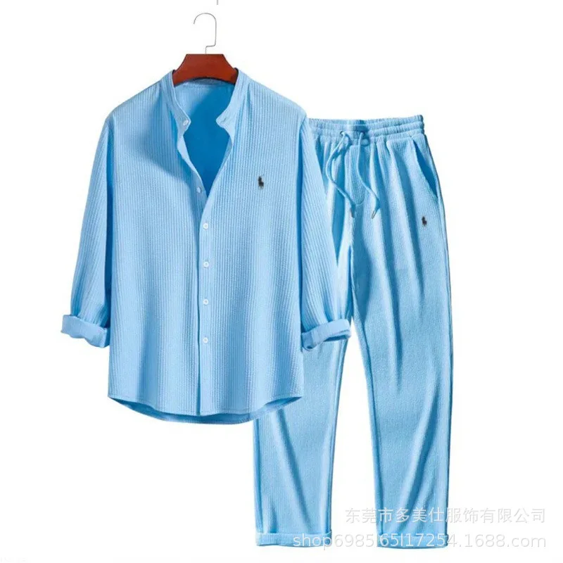 

Модные повседневные простые комплекты брюк, мужские однотонные свободные однобортные рубашки, брюки, комплект из двух предметов, одежда в отпускном стиле