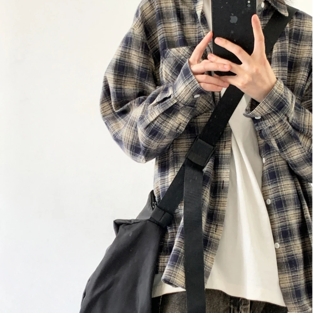 Japanese Vintage Cotton Plaid Shirt Spring Autumn Harajuku Casual Loose Long Sleeve For Men Women Clothing Fashion Tops Unisex