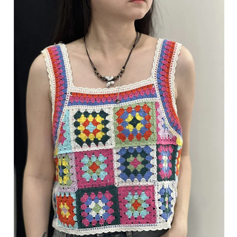 Boring Honey Summer Fashion Bohemian Style Tops Women Colour Loose-Fitting Tank Tops All Match Plaid Sleeveless Pretty Top Women