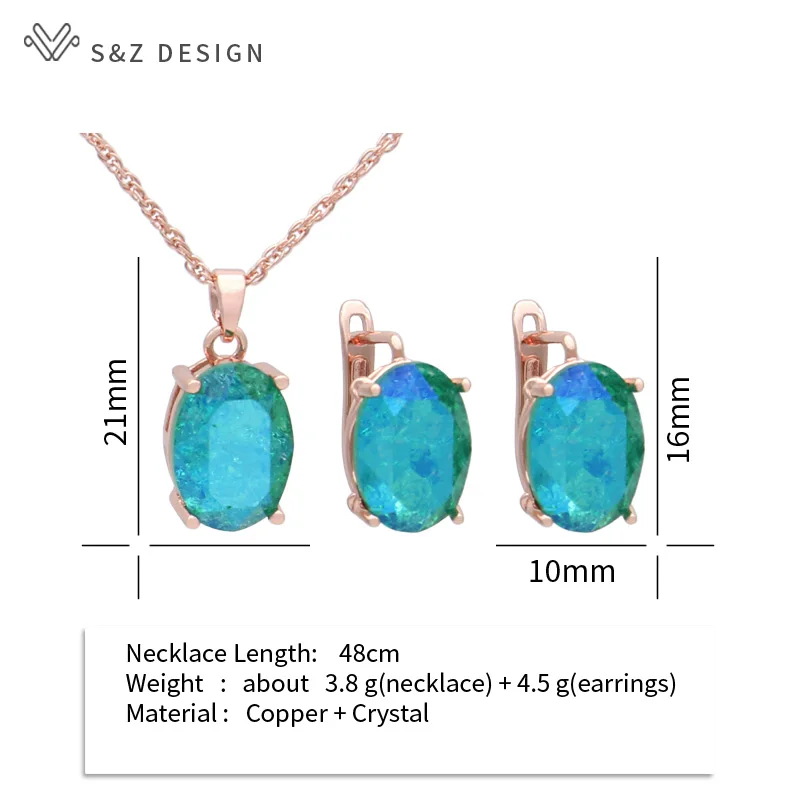 S&Z DESIGN New Fashion 585 Rose Gold Color Egg Shape Oval Crystal Drop Earrings Jewelry Sets For Women Party Pendant Necklace