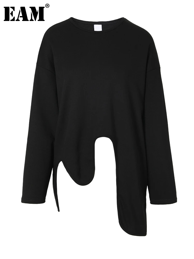 [EAM] Loose Fit Black Irregular Hem Sweatshirt New Round Neck Long Sleeve Women Big Size Fashion Spring Autumn 2024 1DF042001